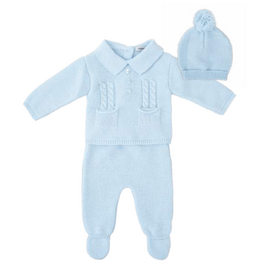 Babidu Blue Knit LS Set With Bonnet 52809