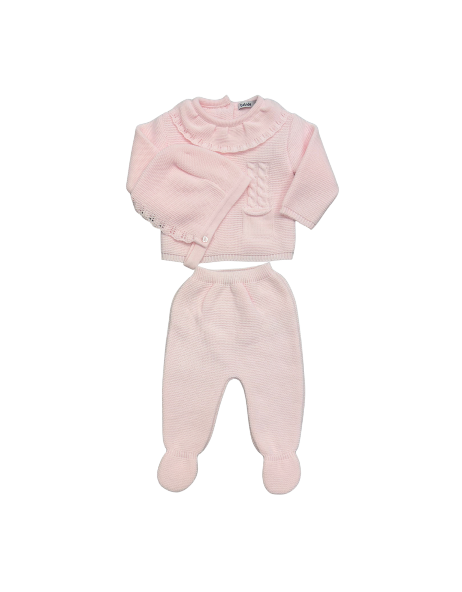 Babidu Pink Knit LS Set With Bonnet 51809