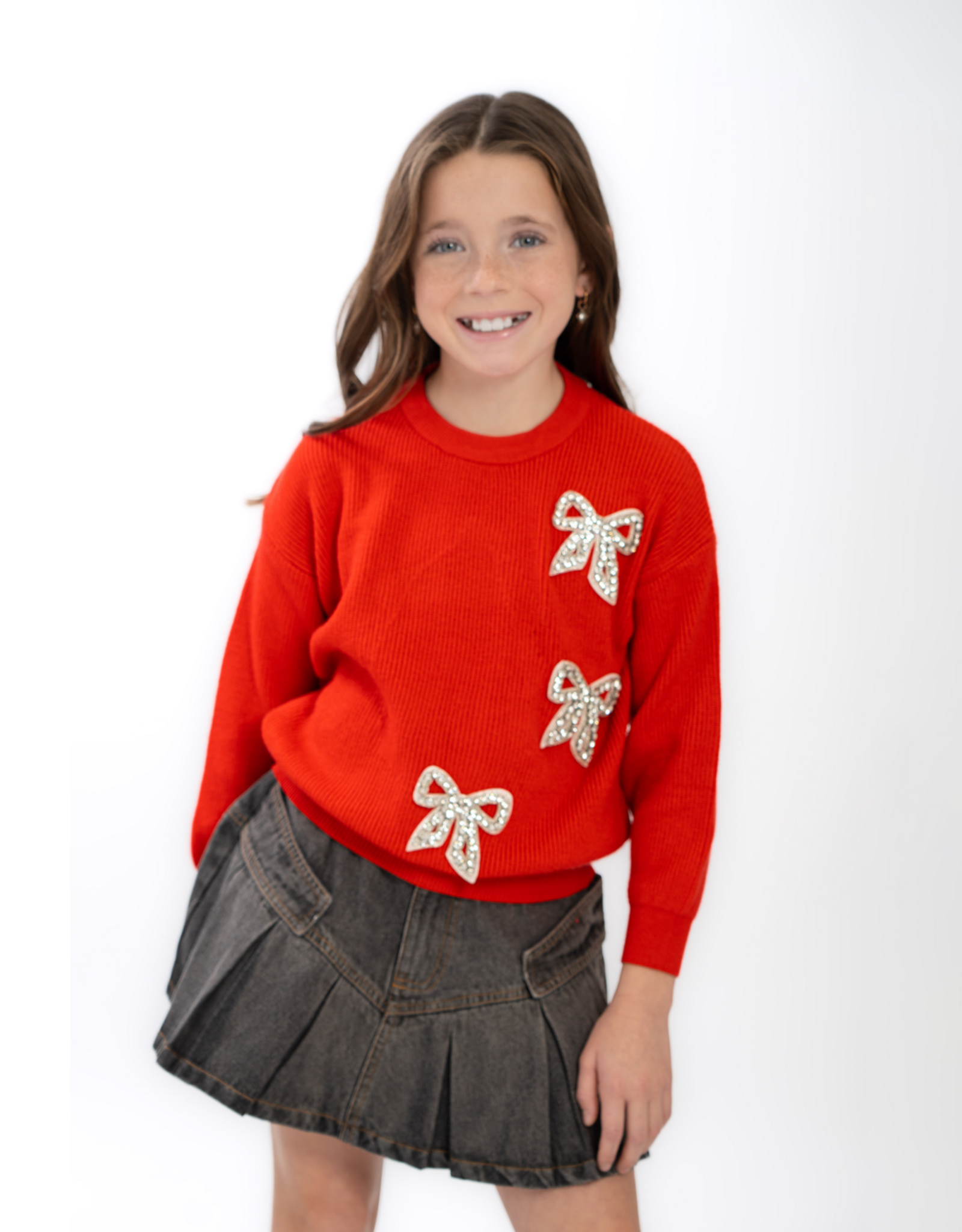 Tweenstyle 3 Bows on Red Crew Neck Sweater