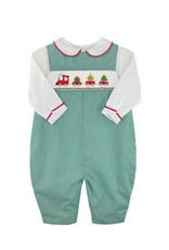 Petit Ami Christmas Train Green Gingham Longall