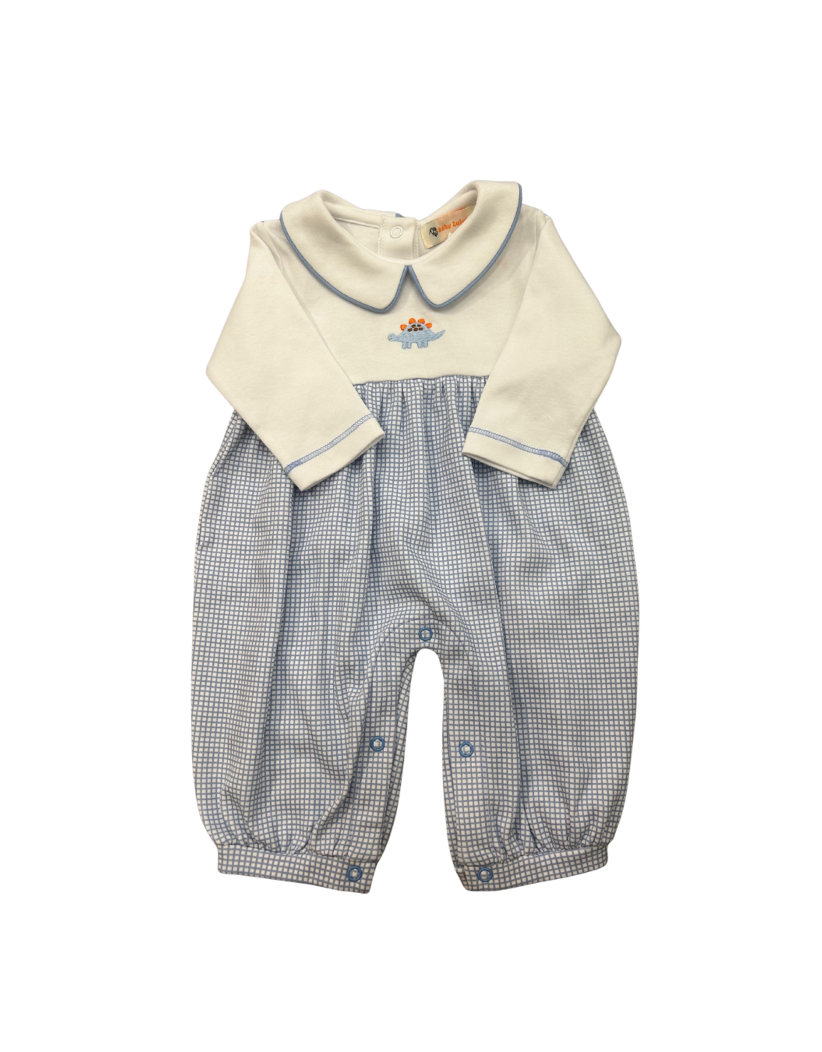 Luigi Lt Blue Gingham LS Romper, Dino