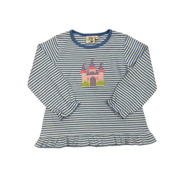 Luigi Blue Stripe LS Ruffle Top with Castle