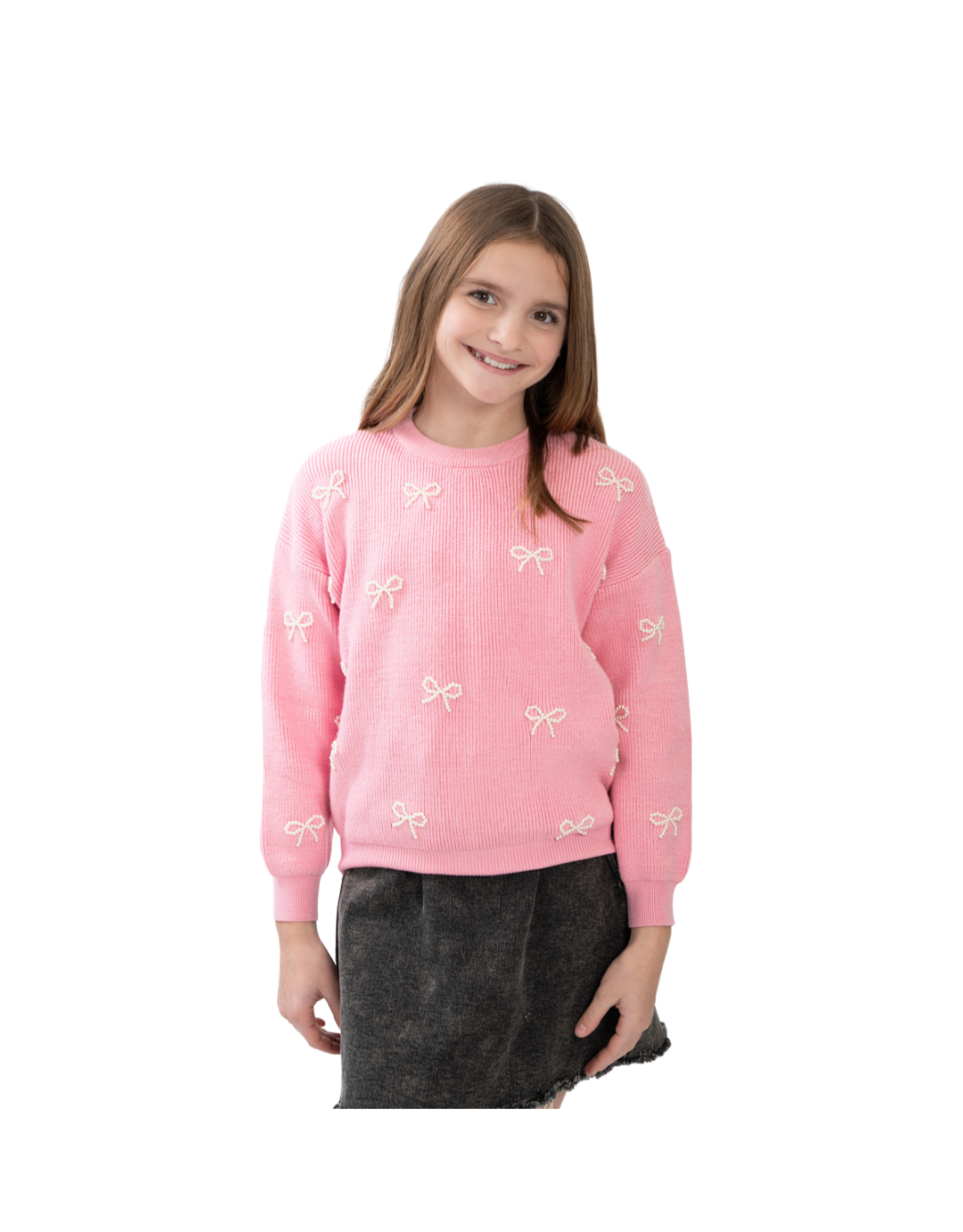 Tweenstyle Pearl Bows Pink Crew Neck Sweater