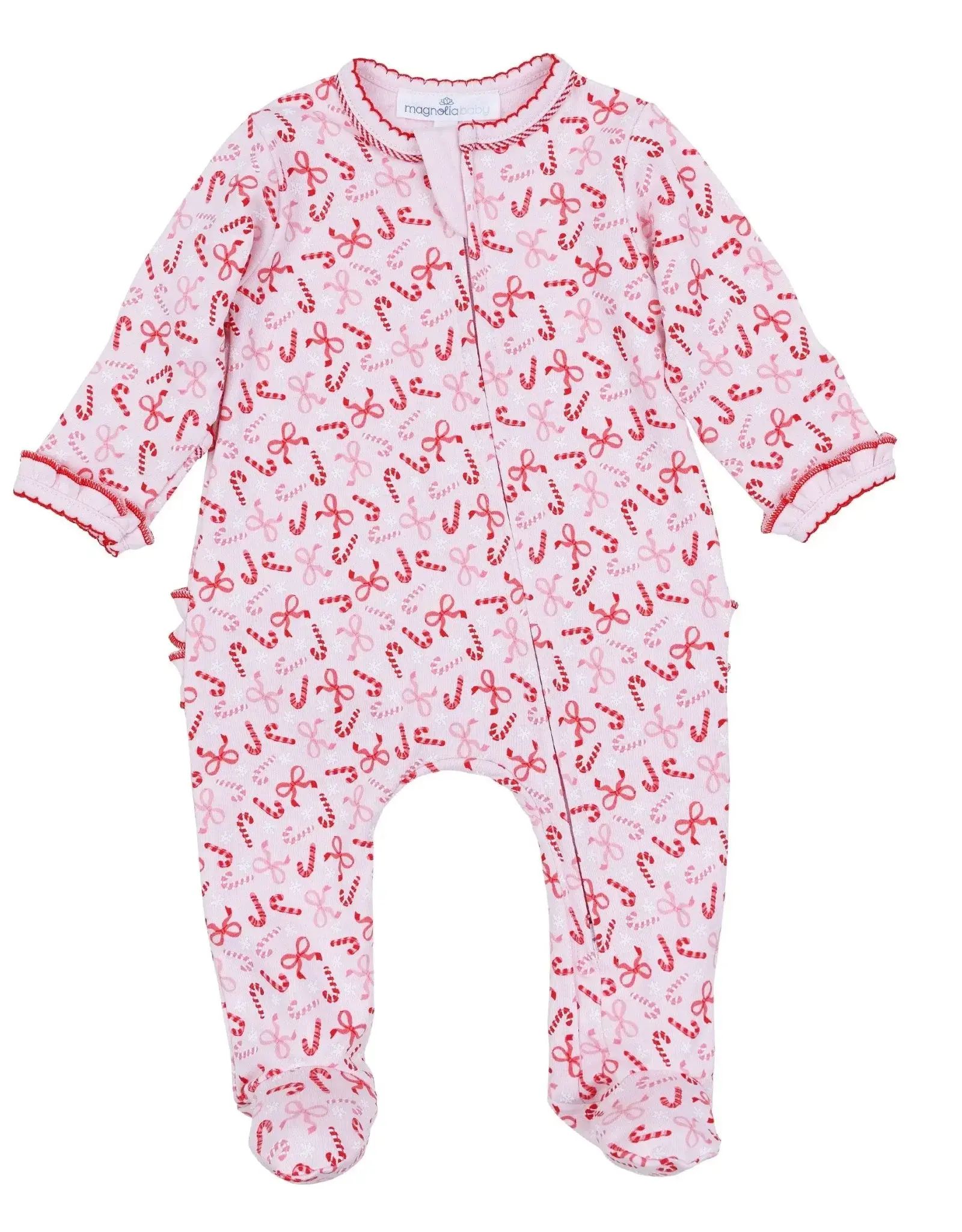 Magnolia Baby Candy Cane Lane Printed Ruffle Zipper Footie