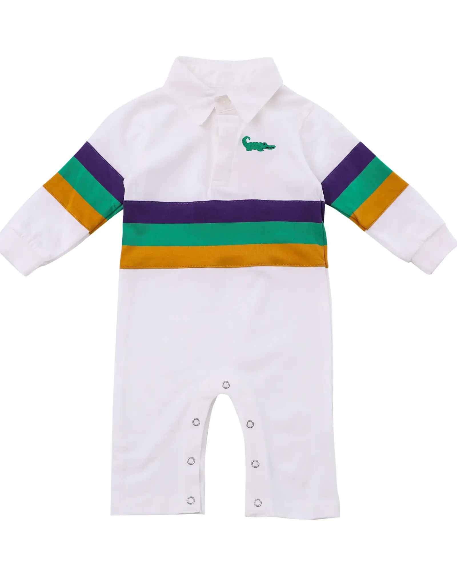 Lulu Bebe LLC Mardi Gras Rugby Long Sleeve Polo Romper
