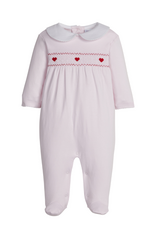 Little English Smocked Footie, Pink Hearts