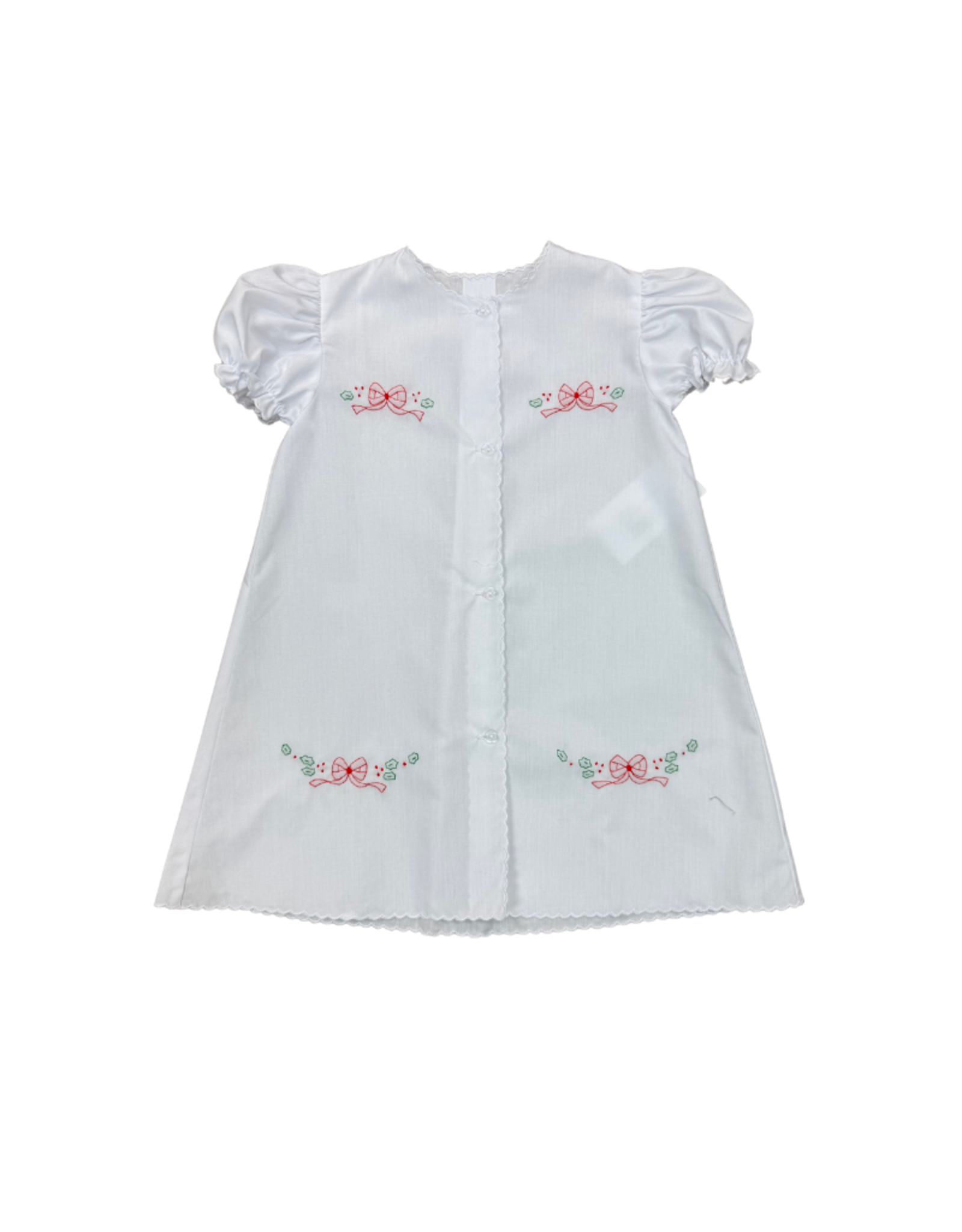 Auraluz White Daygown with Red Christmas Bow Embroidery