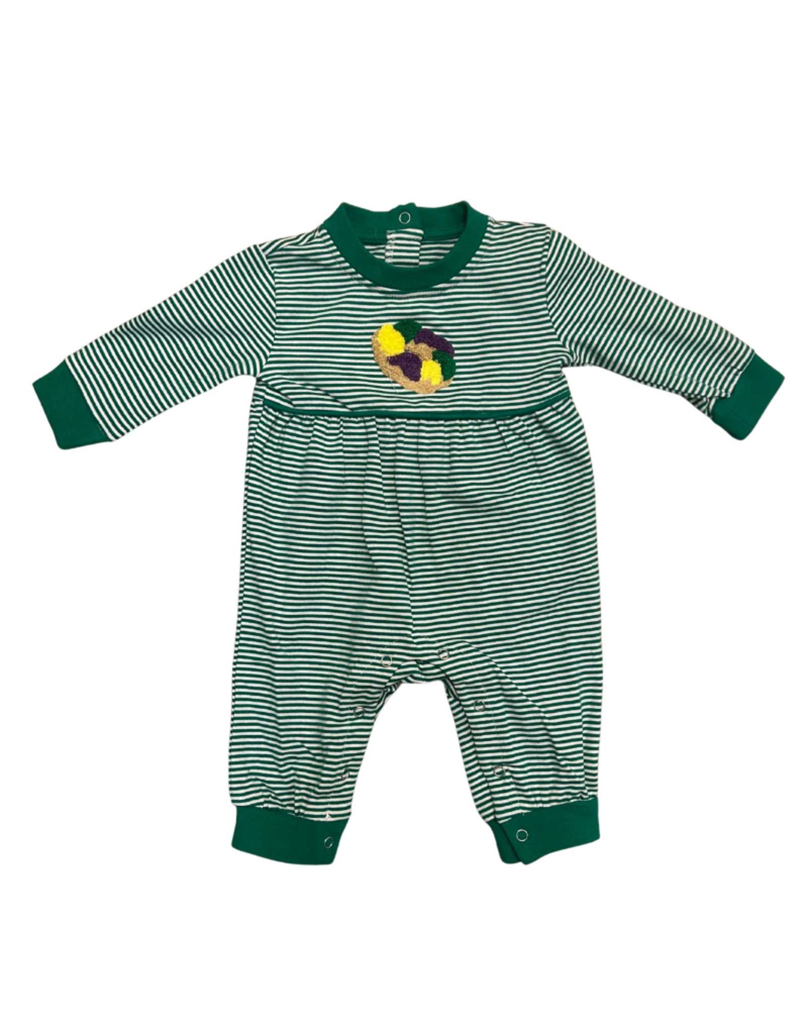 Itsy Bitsy King Cake Romper, Green Stripe