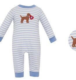 Claire and Charlie Valentine Puppy Lt Blue Stripe Boys Long Romper