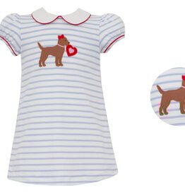 Claire and Charlie Valentine Puppy Lt Blue Stripe A-Line Dress
