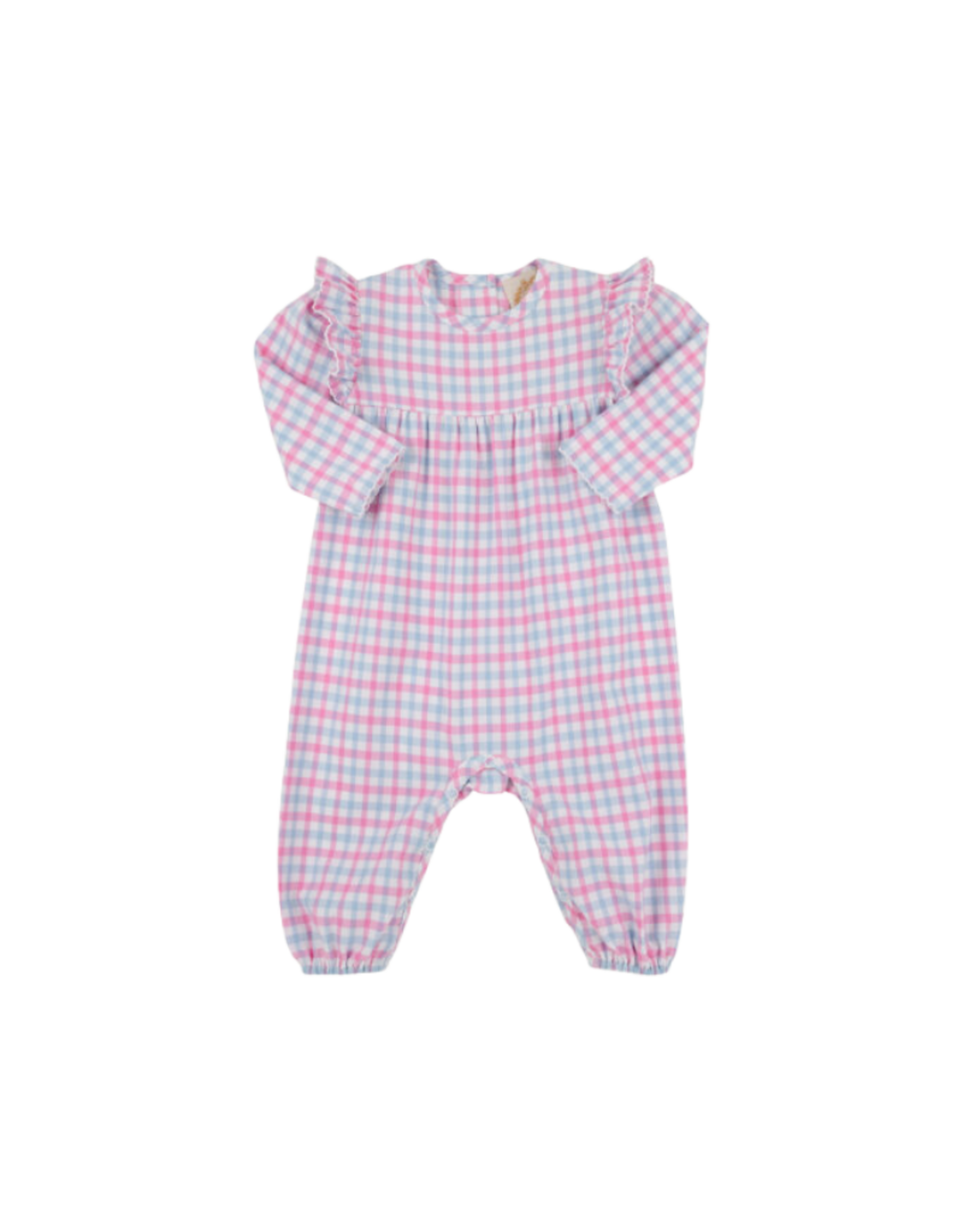 The Beaufort Bonnet Company Leigh Ann Angel Sleeve Romper, Barrington Blue & Pink Flannel