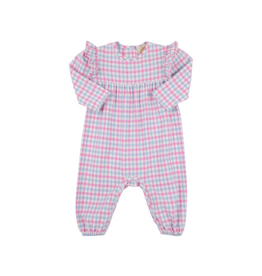 The Beaufort Bonnet Company Leigh Ann Angel Sleeve Romper, Barrington Blue & Pink Flannel