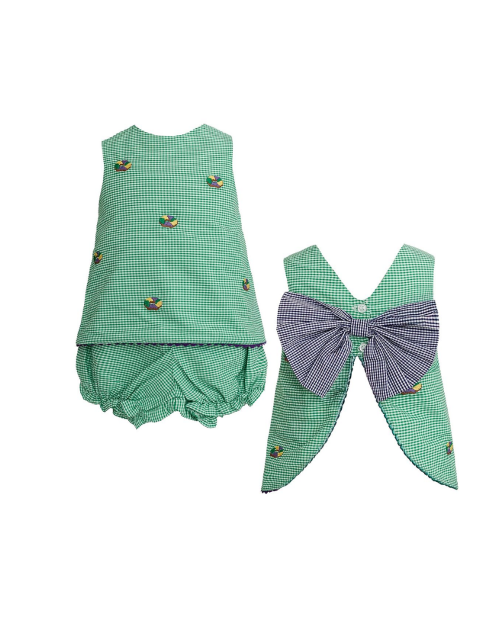 Krewe Kids Rachel Embroidered King Cake Gingham Bloomer Set