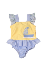Funtasia Too Blue/ Yellow Seersucker One Piece Swim Suit, Sailboat