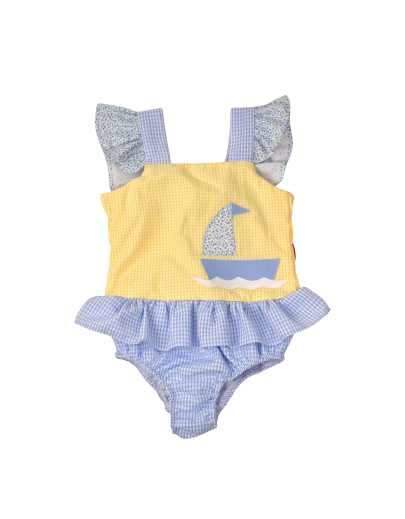 Funtasia Too Blue/ Yellow Seersucker One Piece Swim Suit, Sailboat