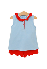 Trotter Street Kids Nora Short Set, Cornflower Stripe/Red
