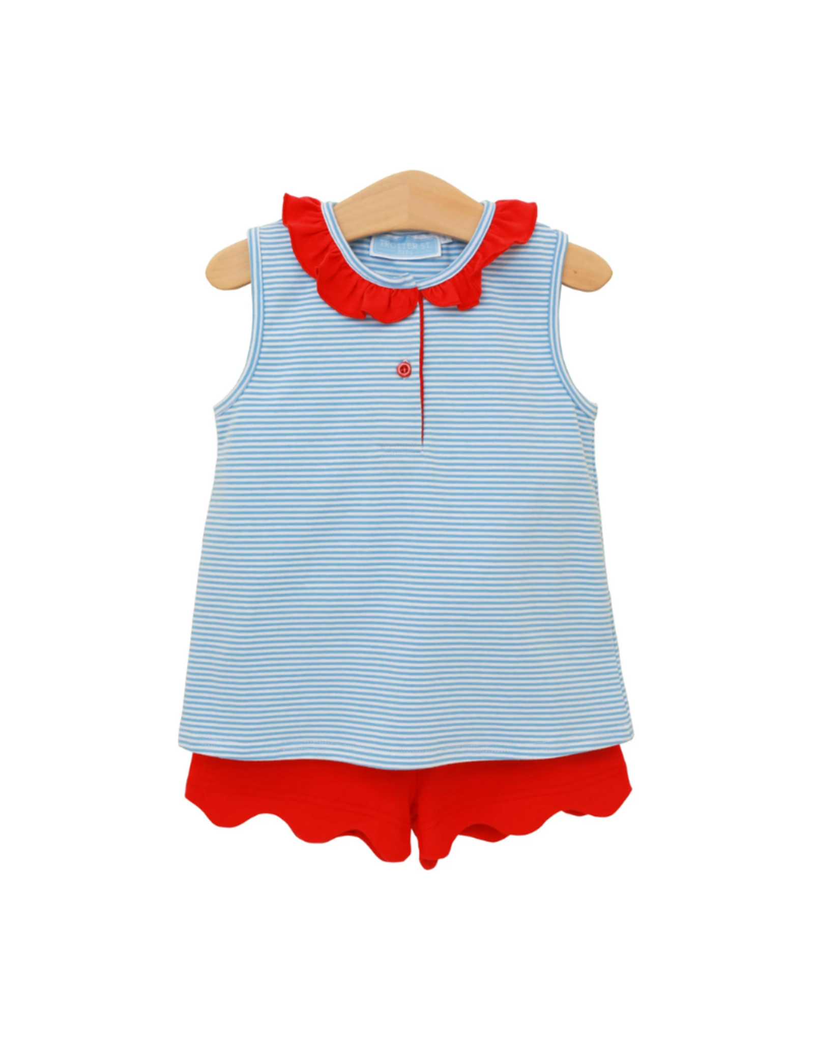 Trotter Street Kids Nora Short Set, Cornflower Stripe/Red