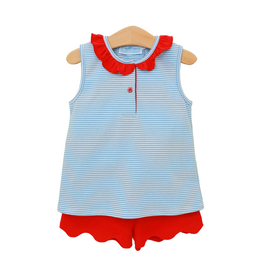 Trotter Street Kids Nora Short Set, Cornflower Stripe/Red