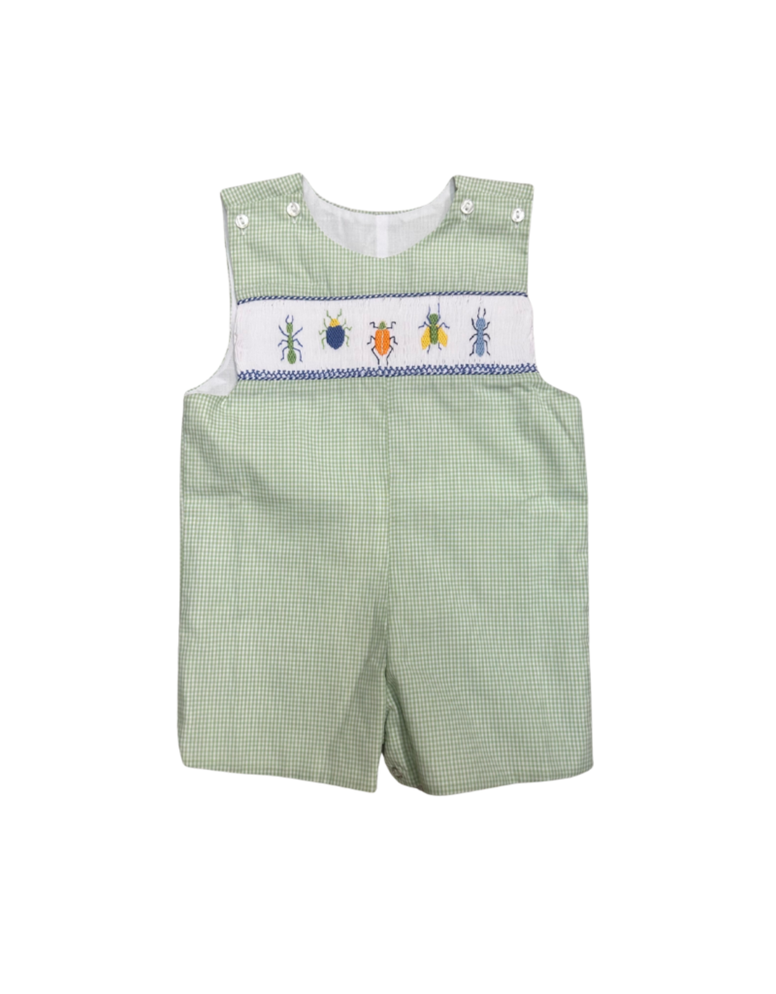 Lulu Bebe LLC Pete Smocked Insect Shortall, Green Gingham