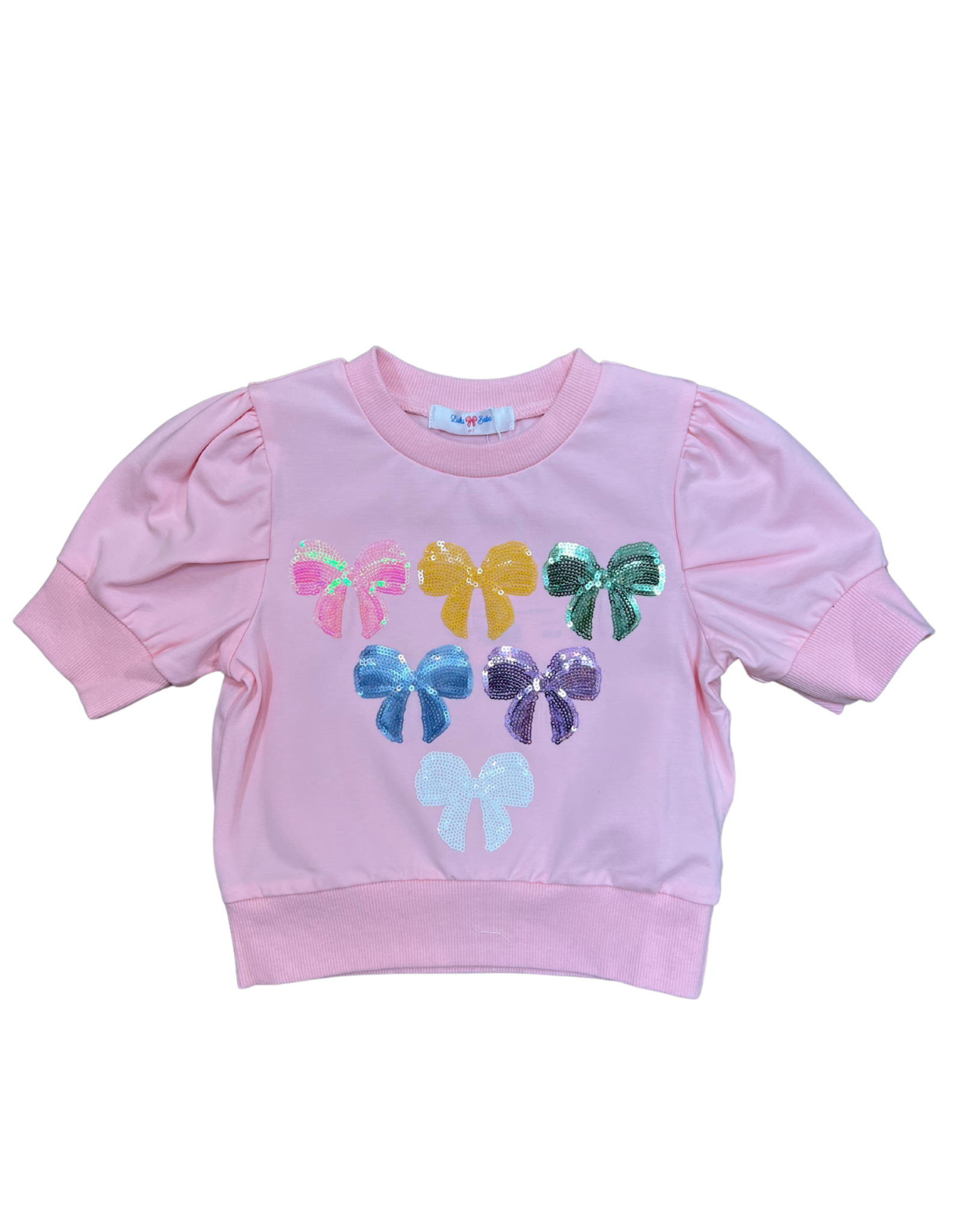 Lulu Bebe LLC Bows Sequin Puff Sleeve SS Shirt Pink