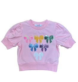 Lulu Bebe LLC Bows Sequin Puff Sleeve SS Shirt Pink