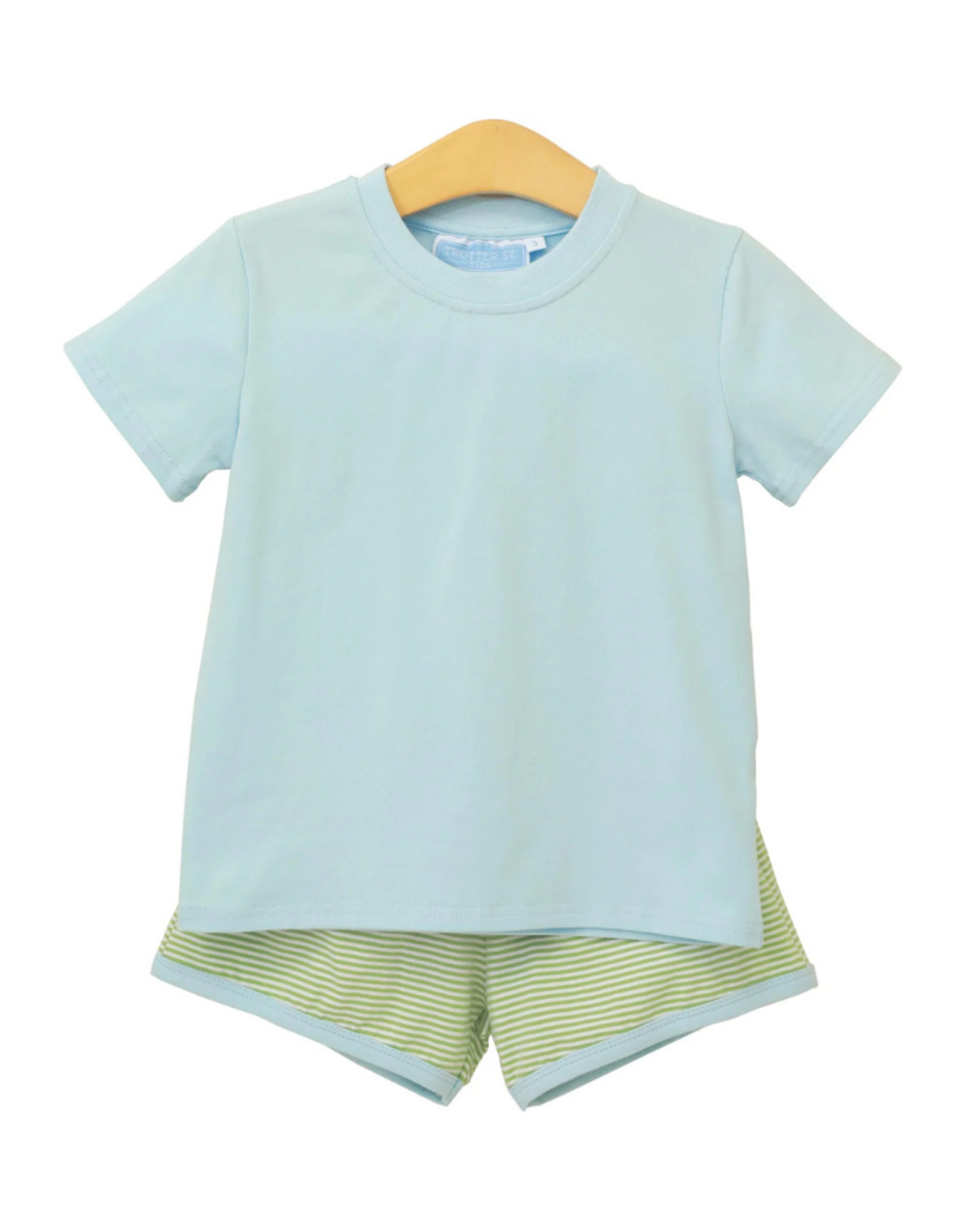Trotter Street Kids Thomas Short Set, Green Stripe/Lt Blue