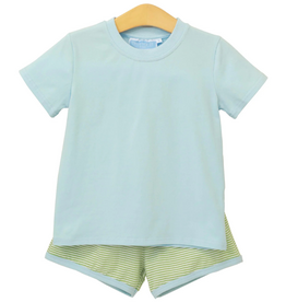 Trotter Street Kids Thomas Short Set, Green Stripe/Lt Blue