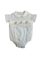 Petit Bebe Light Blue Stripe Knit Smocked Bunny Boy Bubble