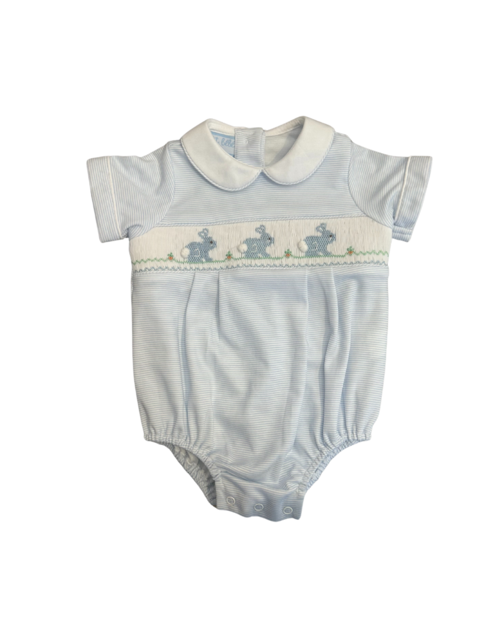 Petit Bebe Light Blue Stripe Knit Smocked Bunny Boy Bubble