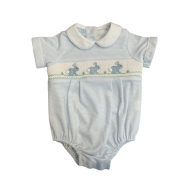 Petit Bebe Light Blue Stripe Knit Smocked Bunny Boy Bubble