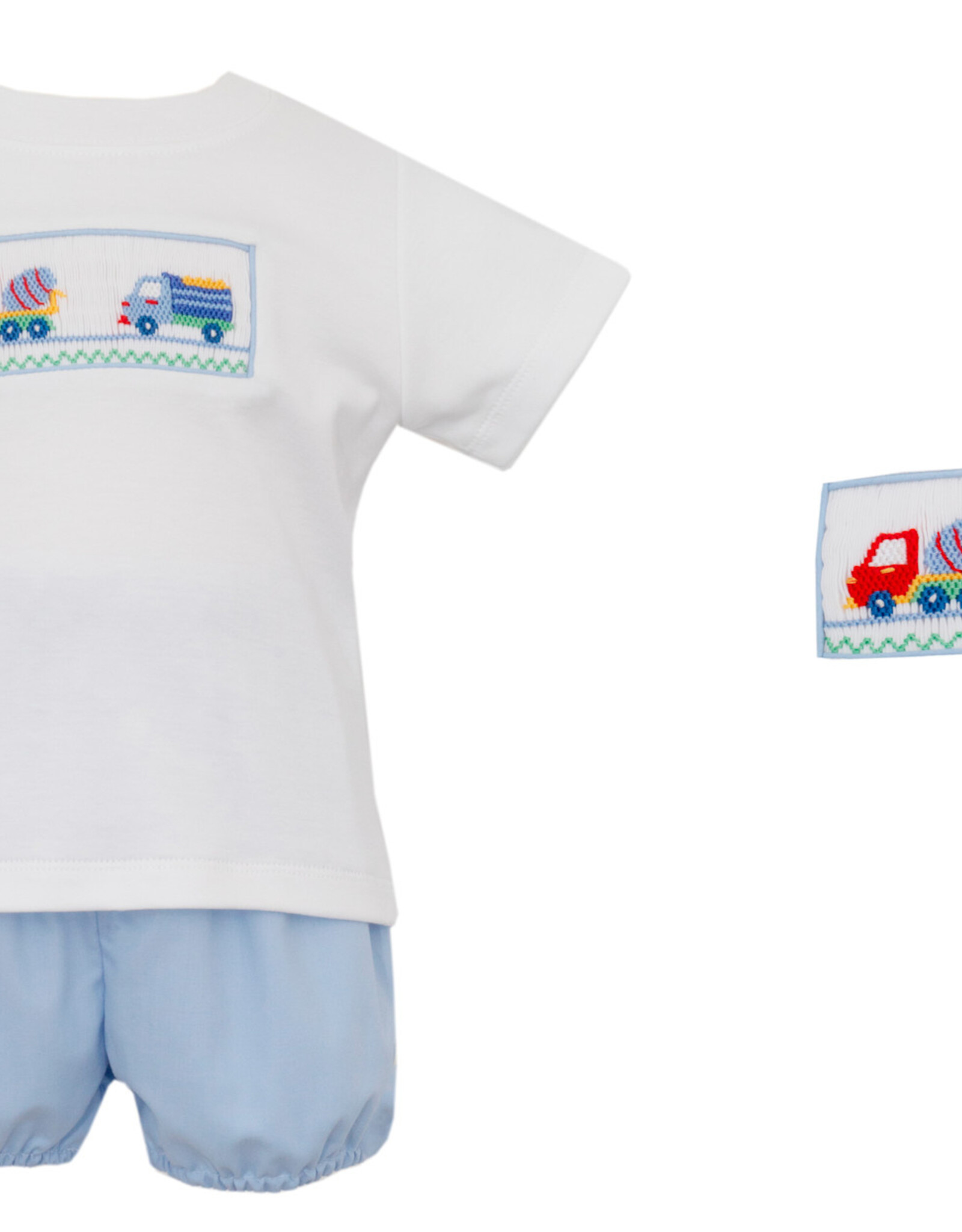 Petit Bebe Light Blue Poplin Trucks Boy Bloomer Set