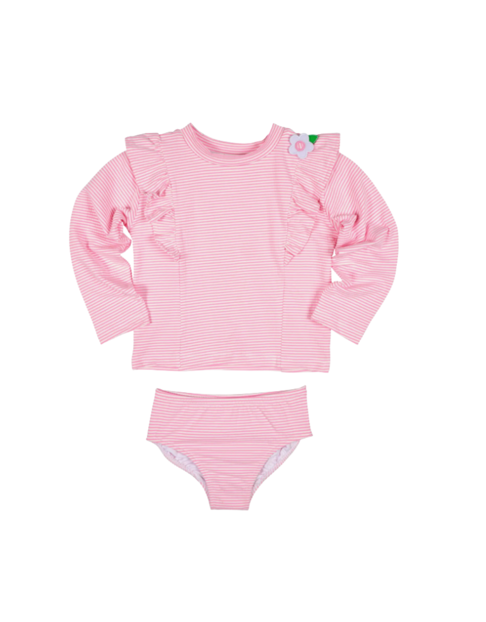 Florence Eiseman Pink Stripe Seersucker Rashguard 2 Piece Swim with Flower