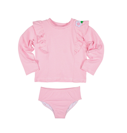 Florence Eiseman Pink Stripe Seersucker Rashguard 2 Piece Swim with Flower