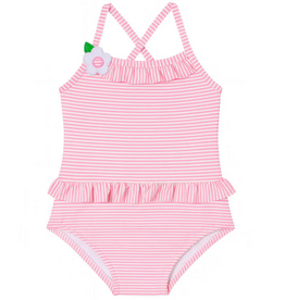 Florence Eiseman Pink Stripe Seersucker Swimsuit with Flower