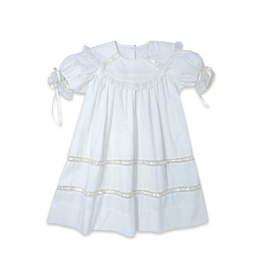 LullabySet Donahue Dress, White Batiste with Ecru Ribbon