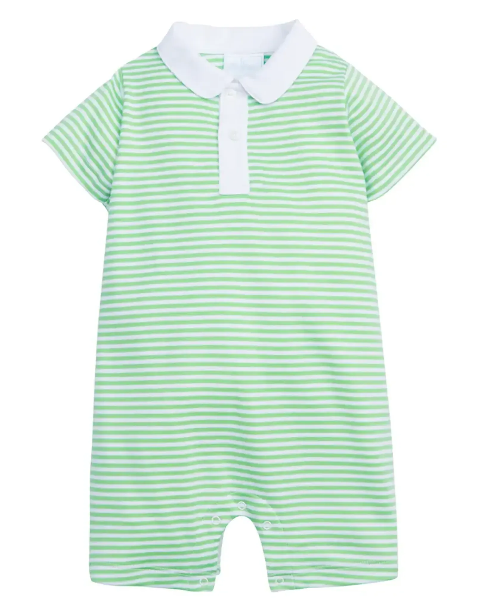 Little English Peter Pan Polo Romper, Green Stripe