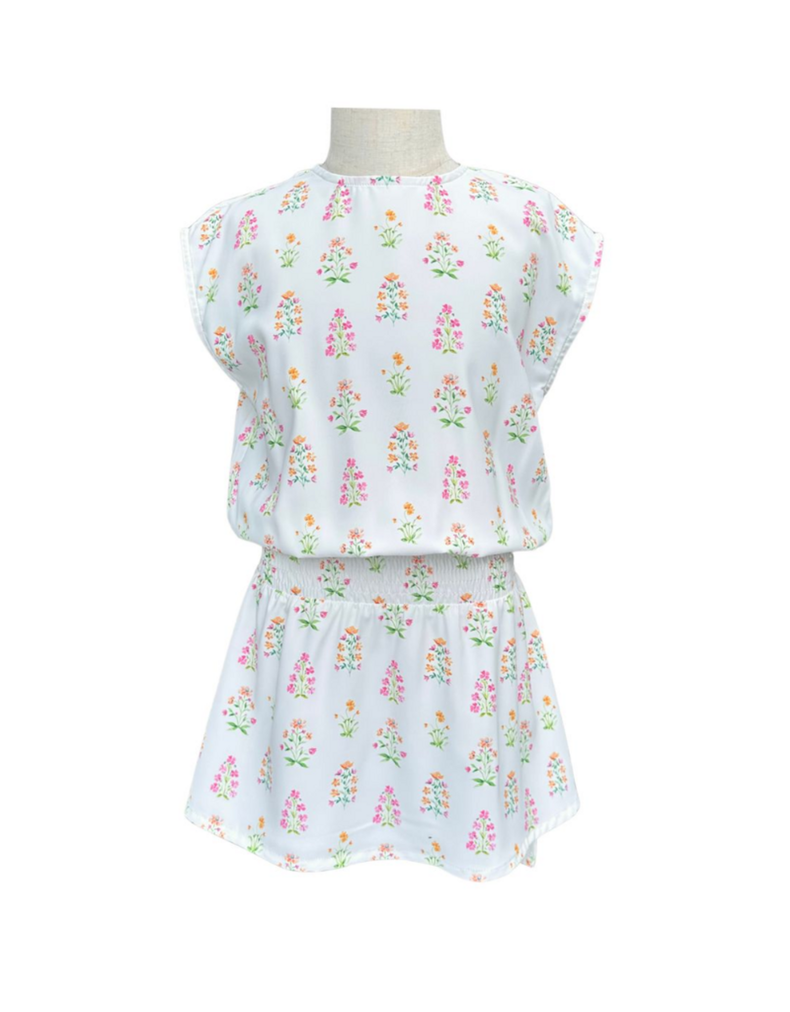 Pleat Josie Dress White Floral Block Print