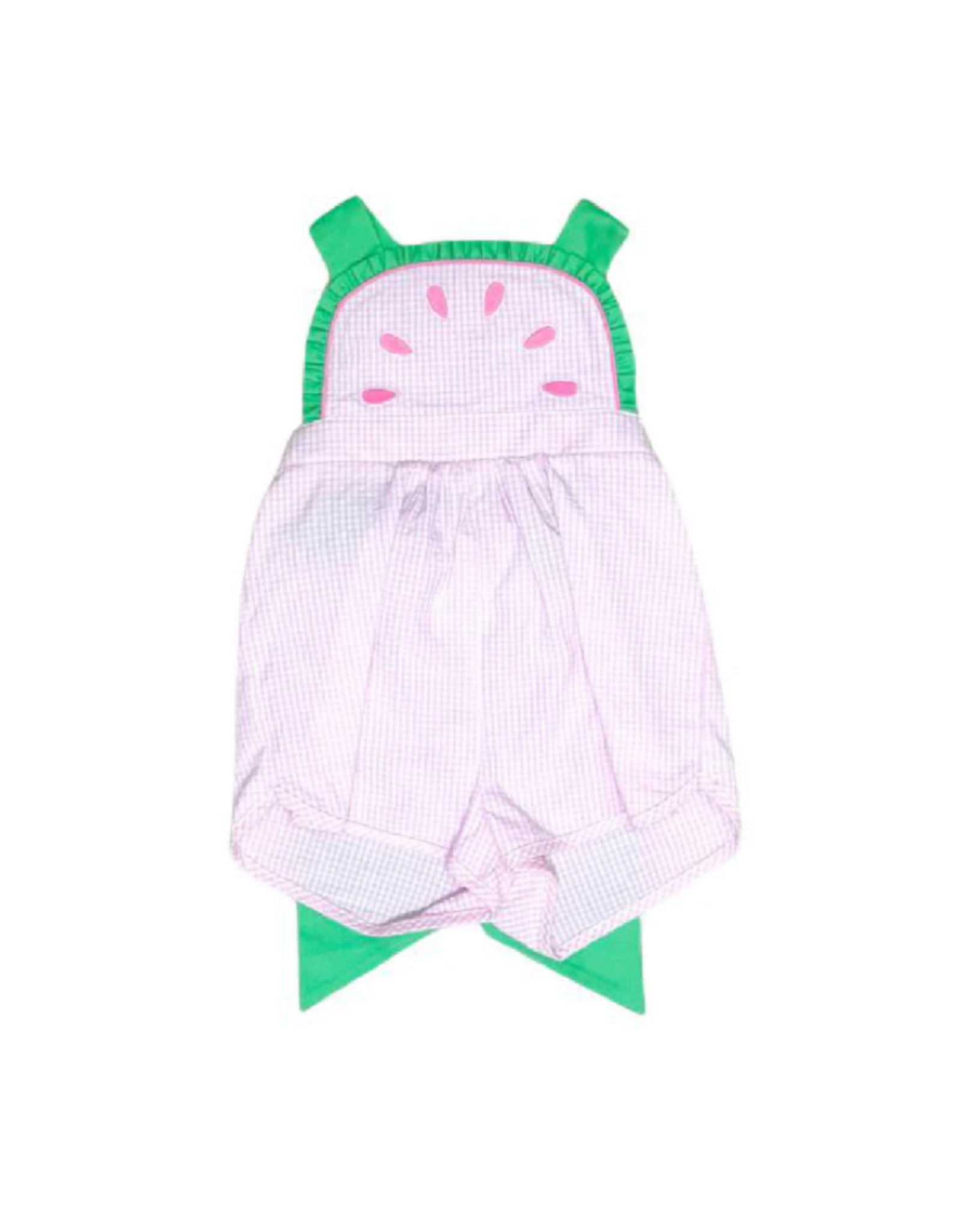 Zuccini Watermelon Ruffle Front Overalls, Pink Seersucker