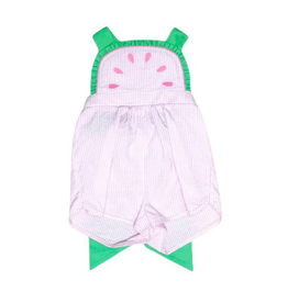 Zuccini Watermelon Ruffle Front Overalls, Pink Seersucker