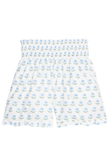 Bisby Shirred Ruffle Shorts, Blue Tulip Block Print