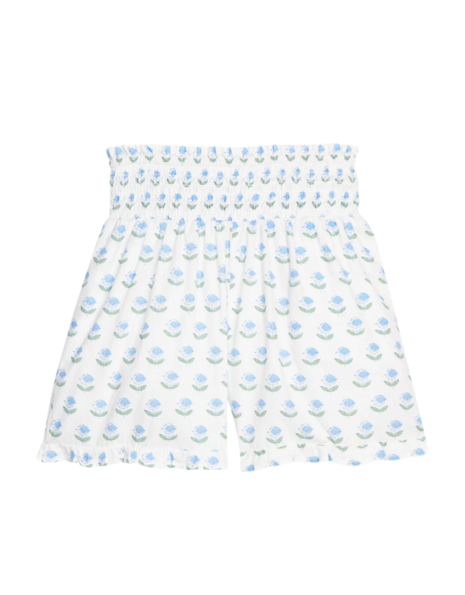 Bisby Shirred Ruffle Shorts, Blue Tulip Block Print
