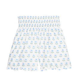 Bisby Shirred Ruffle Shorts, Blue Tulip Block Print