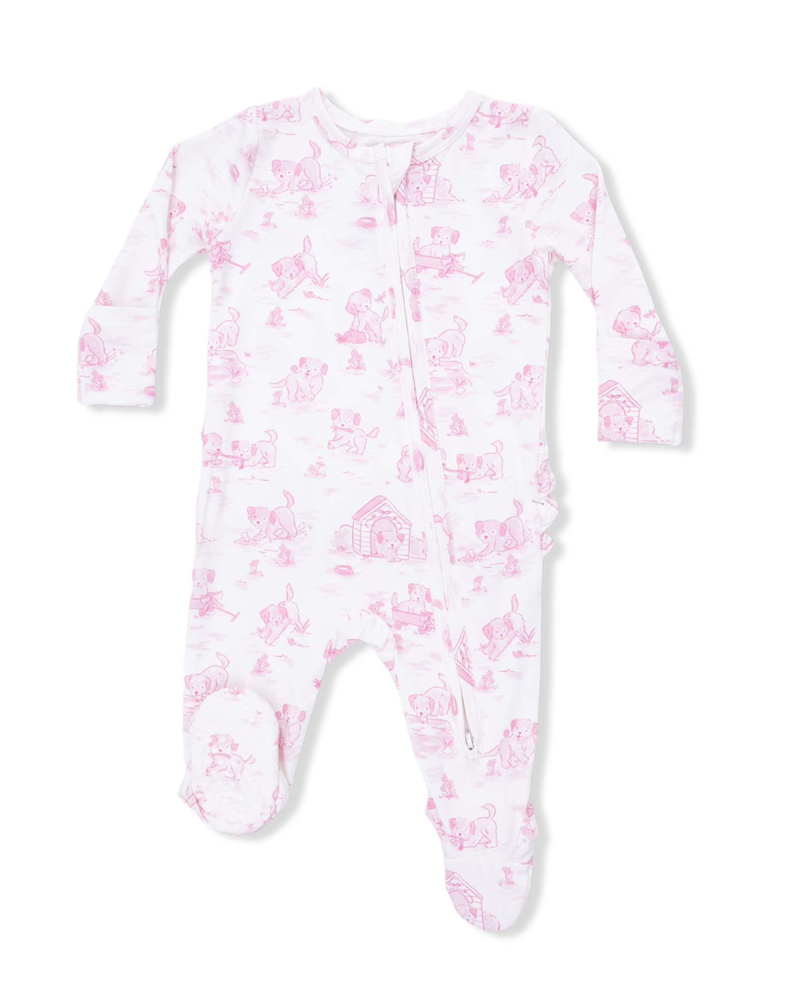 Angel Dear Puppy Toile Pink 2 Way Zip Footie with Ruffle
