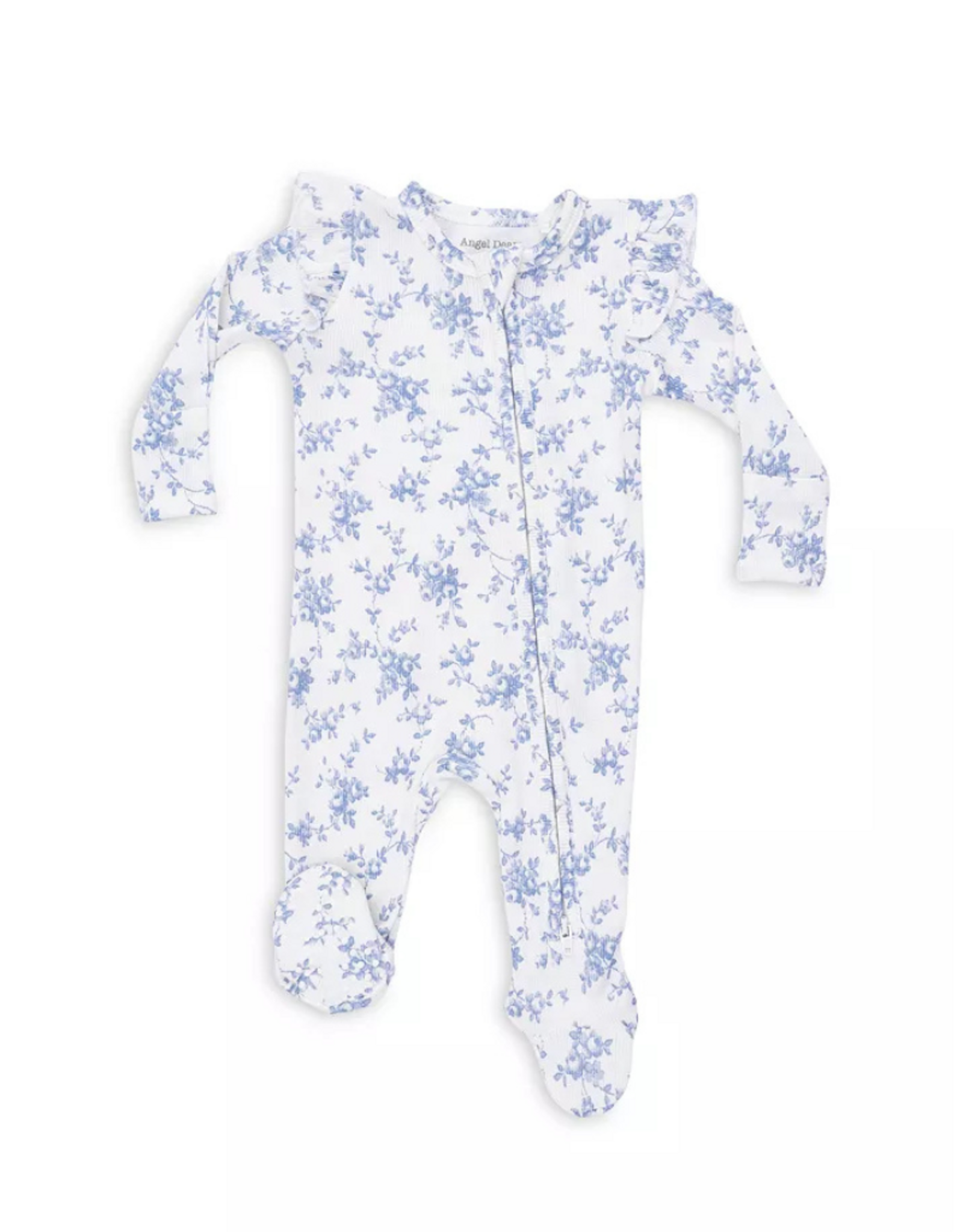 Angel Dear Baby Blue Vines Floral 2 Way Ruffle Zip Footie