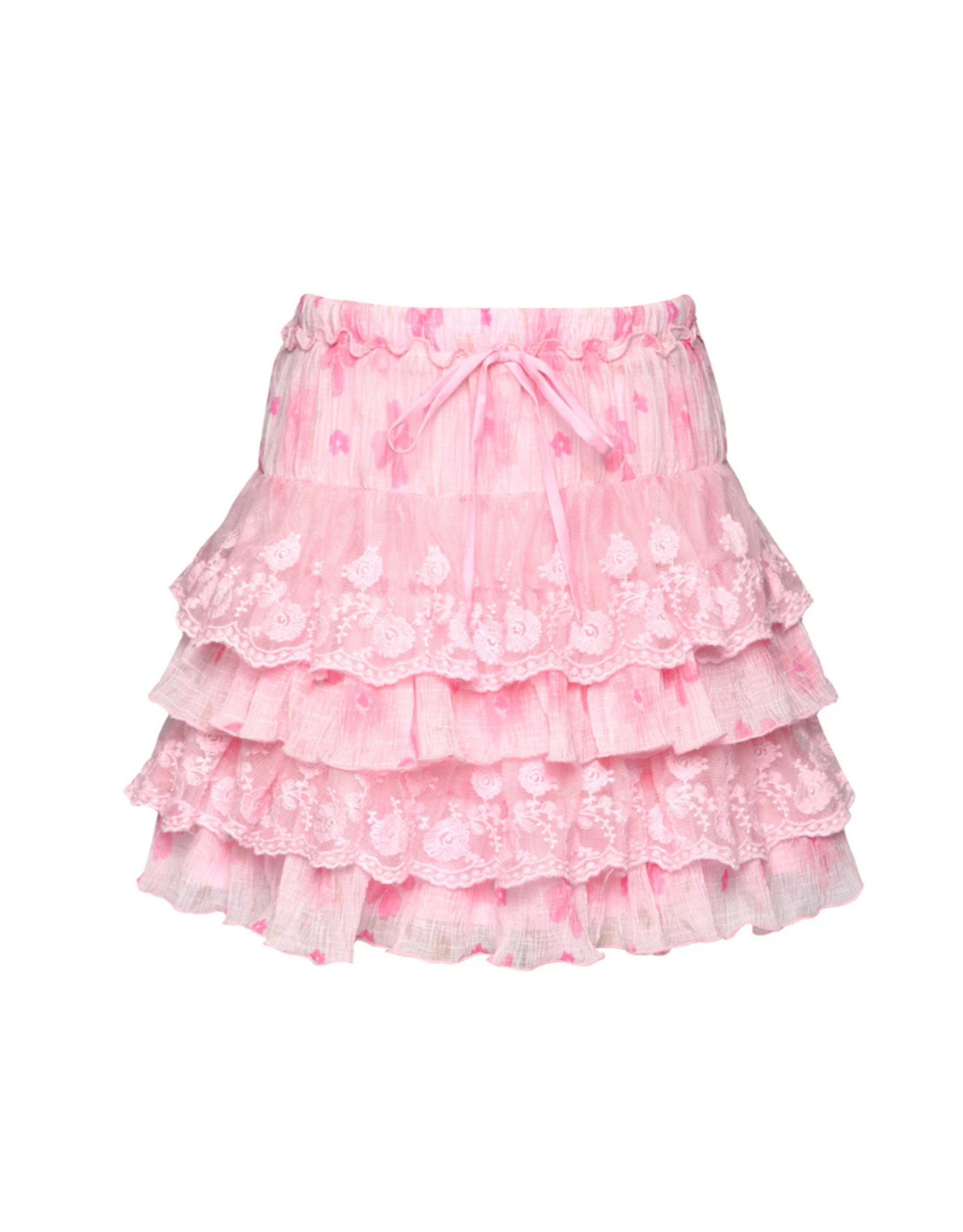Hannah Banana Pink Print Tiered Skirt with Lace