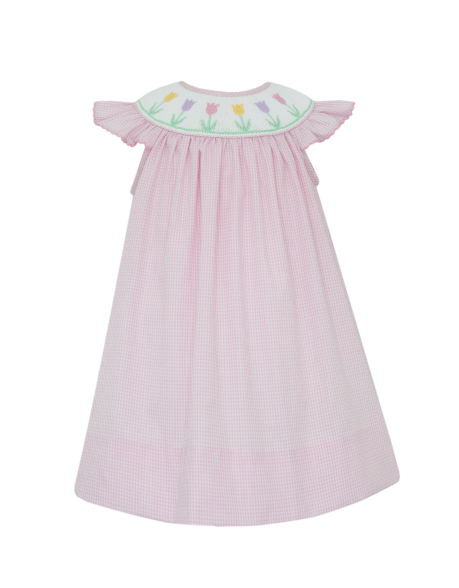 Petit Bebe Pink Gingham Spring Tulips Bishop Smock Dress