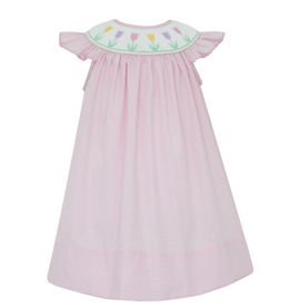 Petit Bebe Pink Gingham Spring Tulips Bishop Smock Dress