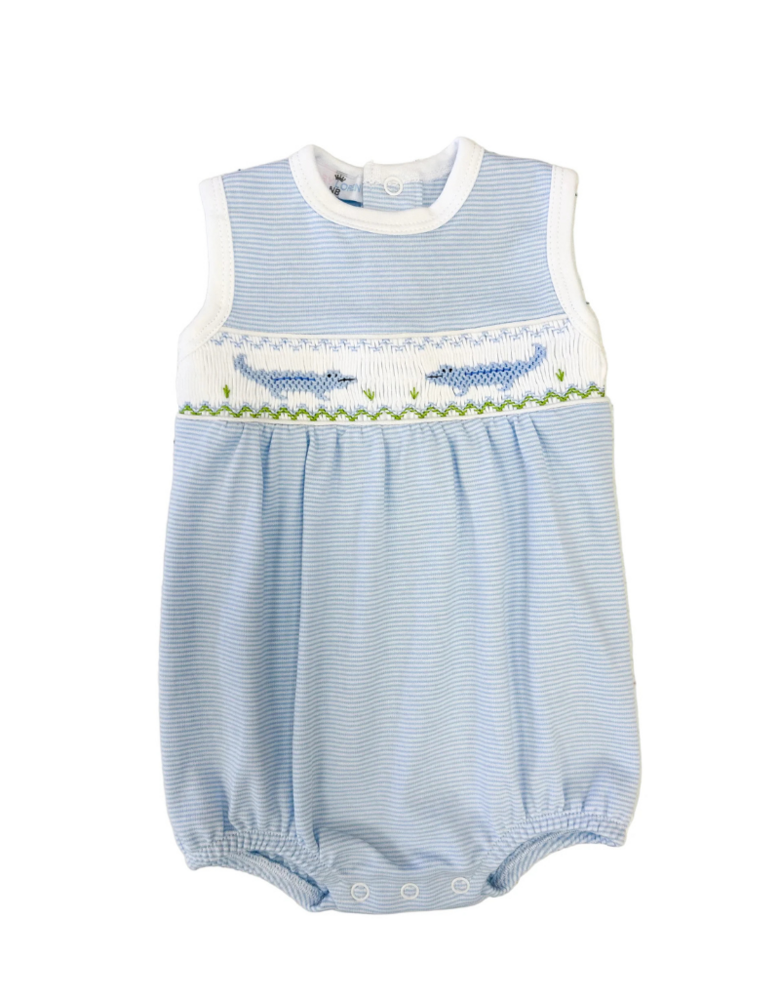 Baby Loren Blue Stripes Alligators Smocked Pima Bubble