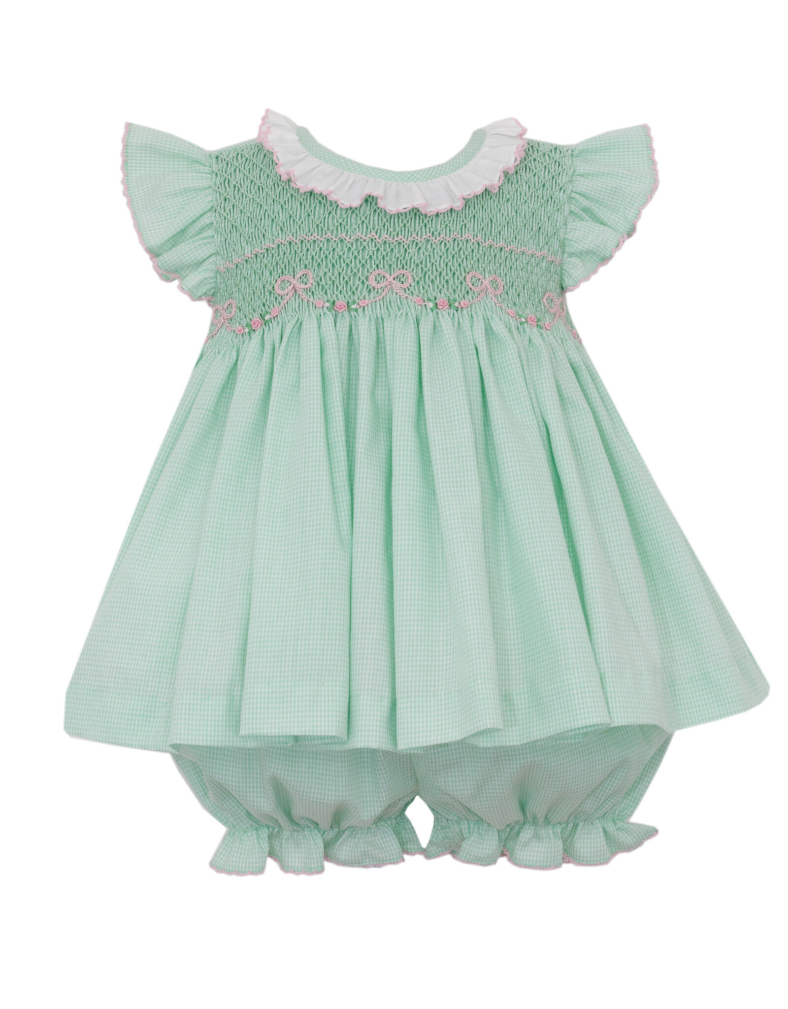 Anavini Harper Green Gingham Smocked Pink Bow Bloomer Set