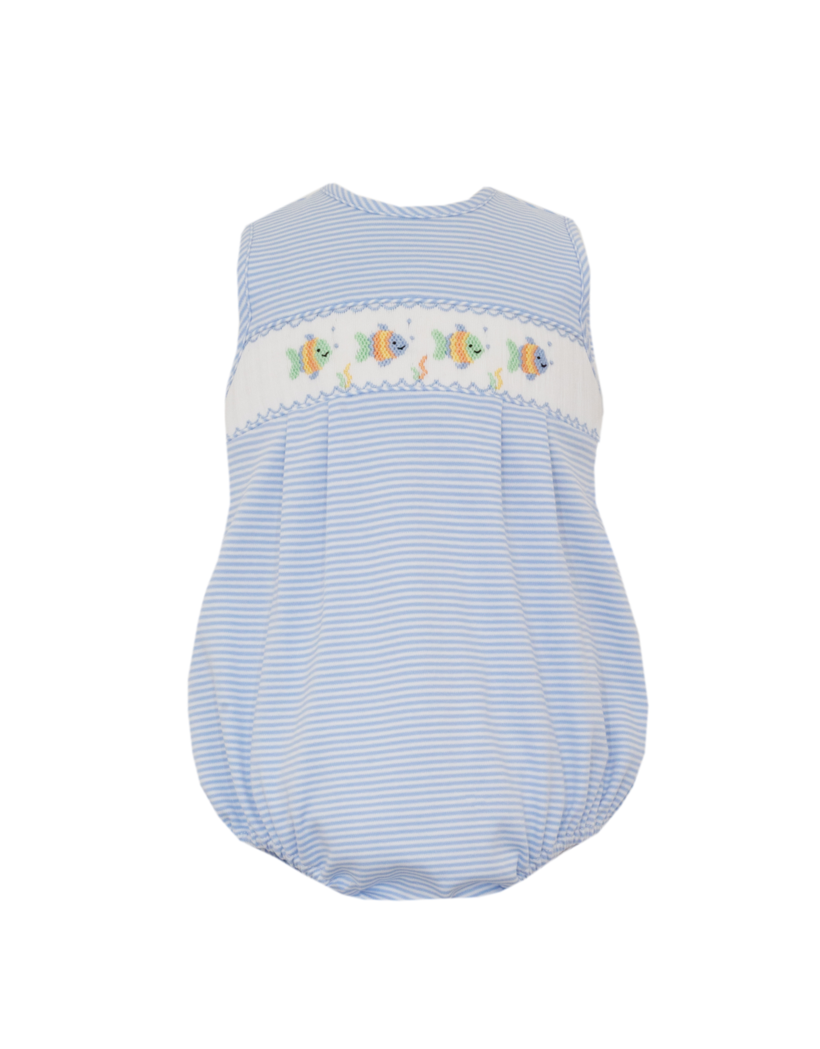 Petit Bebe Blue Knit Stripe Sunbubble with Smock Fish